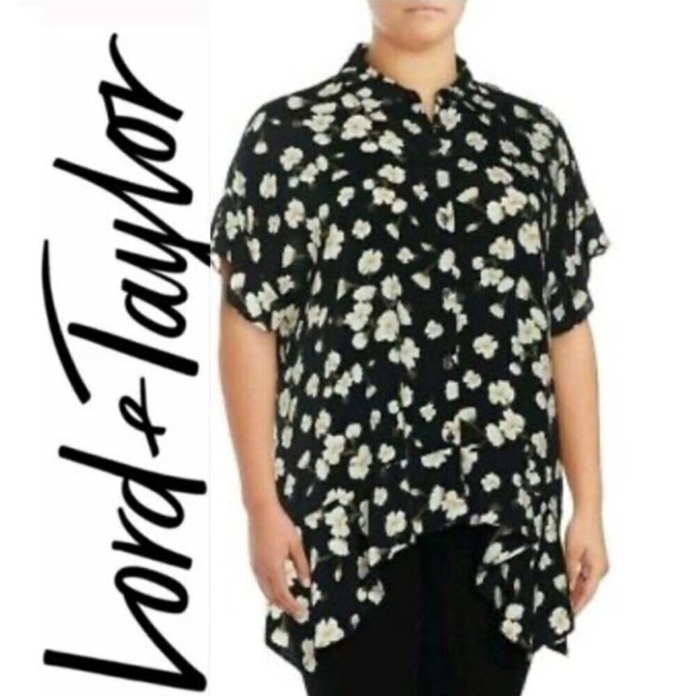 Lord & Taylor Floral Black Blouse Tunic Size Large Work Wear Coastal Flowy Relax